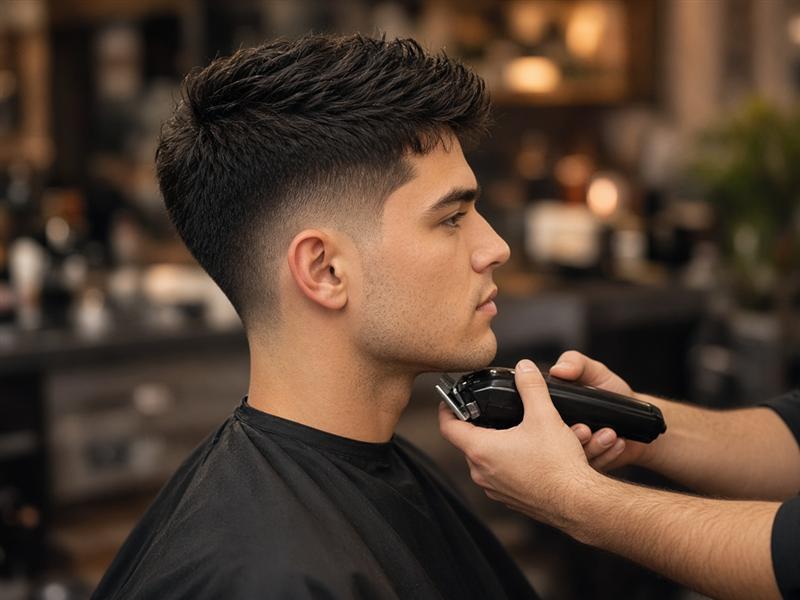 Homem de perfil com corte moderno sendo finalizado pelo barbeiro