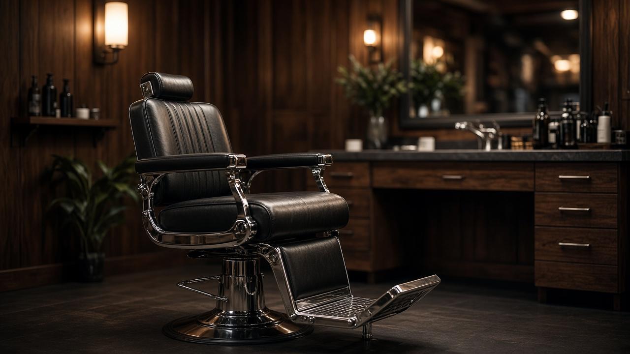 Interior de barbearia com cadeira clássica e iluminação aconchegante