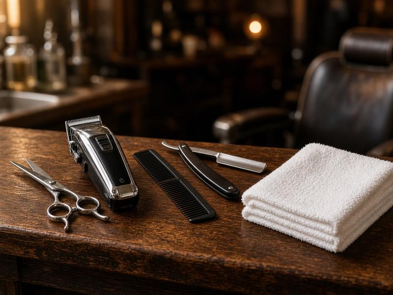 Bancada de barbearia com tesoura, máquina, pente e toalha organizados